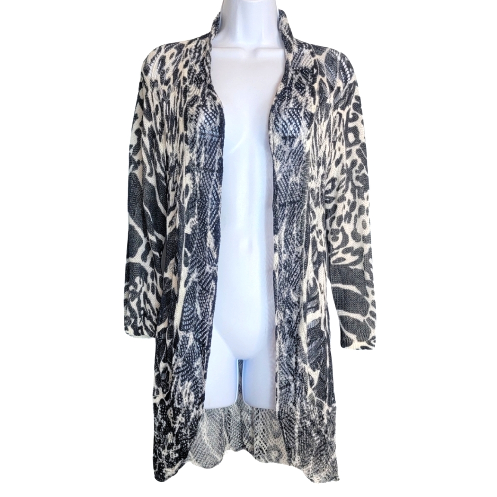 Monah Leah Long Crochet Cardigan Zebra Sz L Linen Boho Open Duster Beach Resort